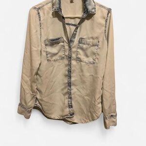 Aeropostale Beige Button Down Shirt with Distressed Details